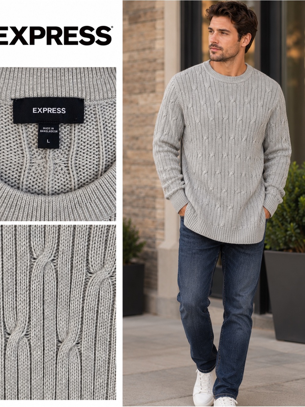 Express Heather Gray Cable-Knit Crewneck Sweater
